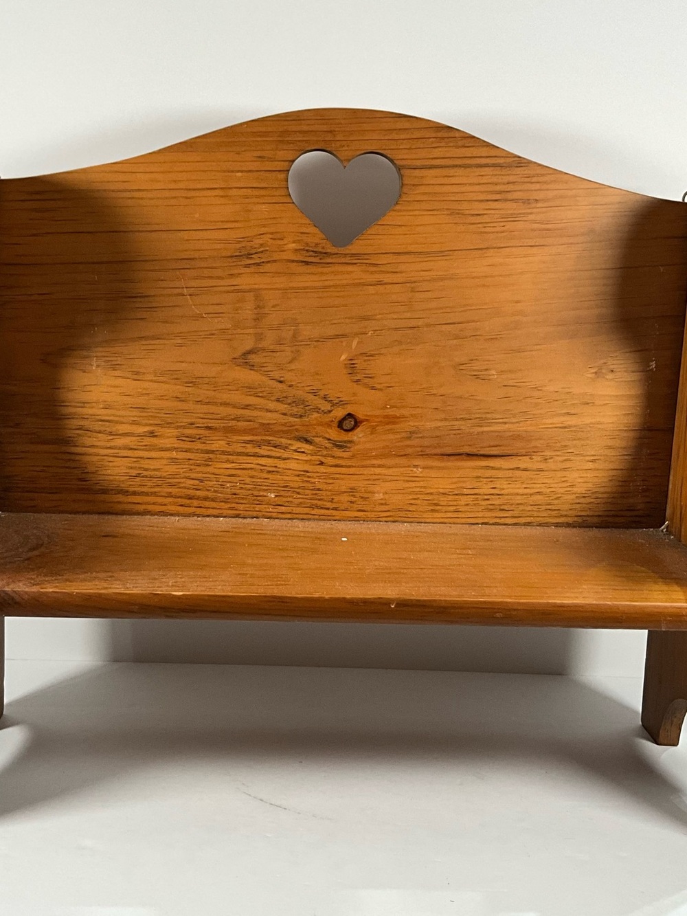 Vintage Wooden Doll Bench Heart Backrest Brown 17”L x 16”H x 7” W